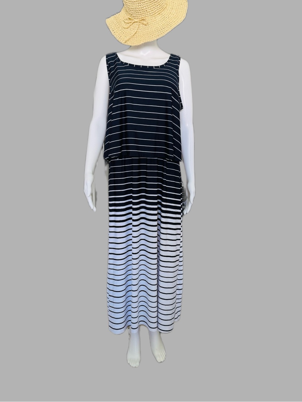 Striped Navy and White Sleeveless Maxi Dress